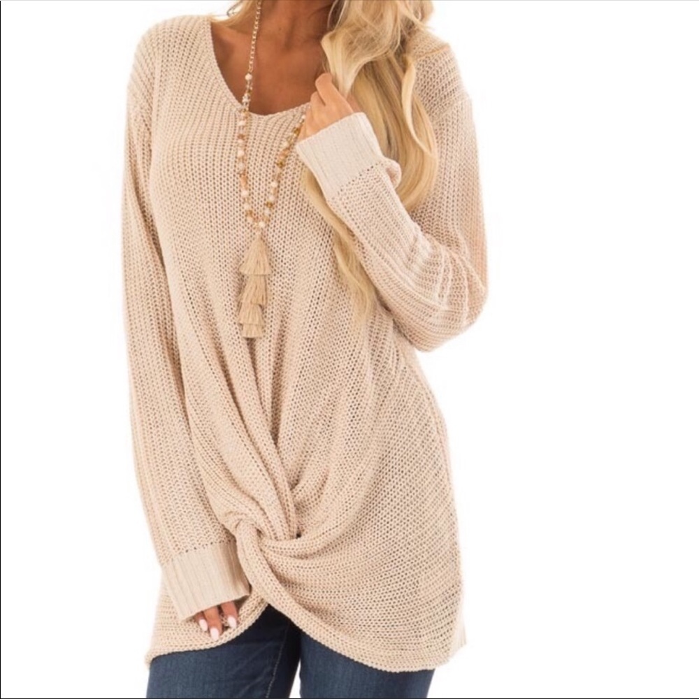 Light Weight Beige Long Sleeve Sweater Front Twist